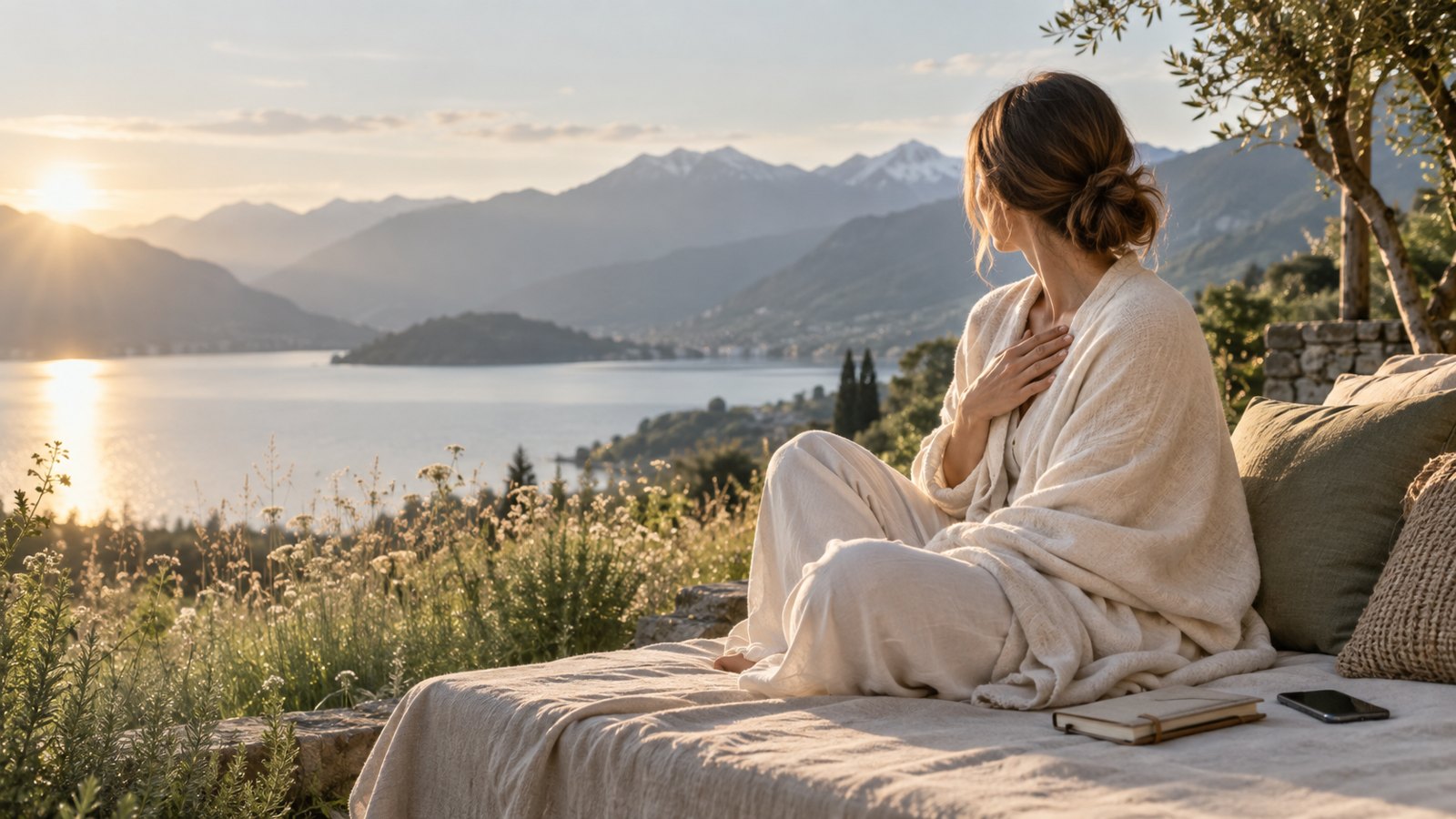 KI-Symbolbild: eine Frau blickt ruhig auf einen See und die Berge